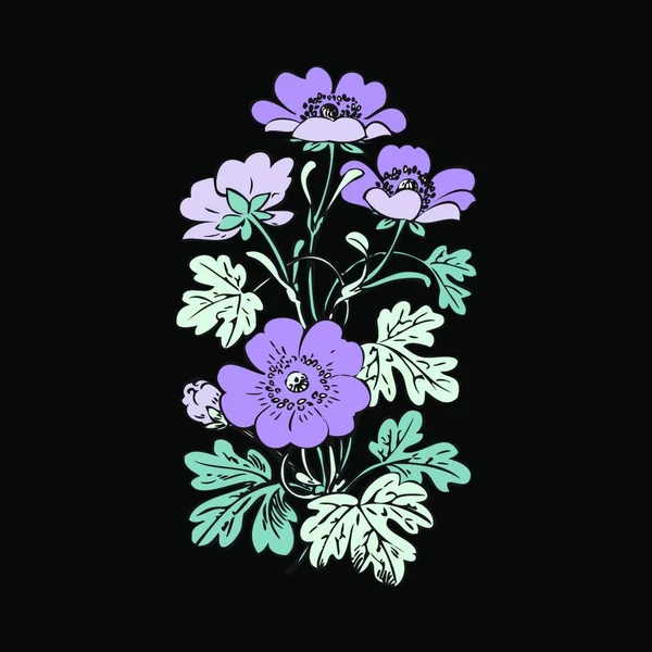 Arbusto Floral Retro Vector Fondo Negro Dibujado Mano Contorno Vendimia — Vector de stock