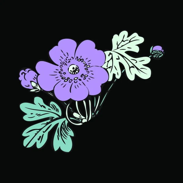 Kwiatowy Krzak Retro Czarnym Wektorze Tła Ręcznie Rysowane Dekoracyjne Kwiat — Wektor stockowy