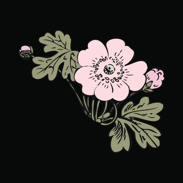 Arbusto Floral Retro Vector Fondo Negro Dibujado Mano Contorno Vendimia — Archivo Imágenes Vectoriales