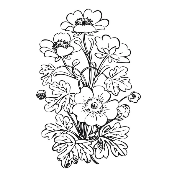 Bloemen Struik Retro Zwart Witte Achtergrond Vector Met Hand Getekend — Stockvector