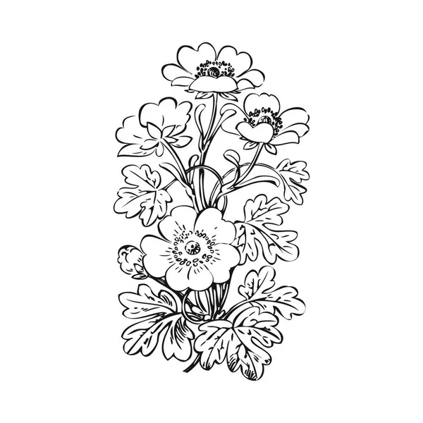 Bloemen Struik Retro Zwart Witte Achtergrond Vector Met Hand Getekend — Stockvector