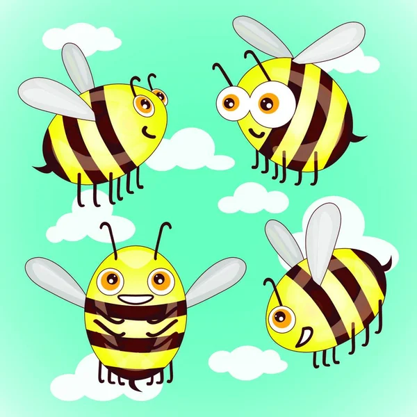 Set Cartoon Niedlichen Bienen Himmel Mit Wolken Vektor Illustration — Stockvektor