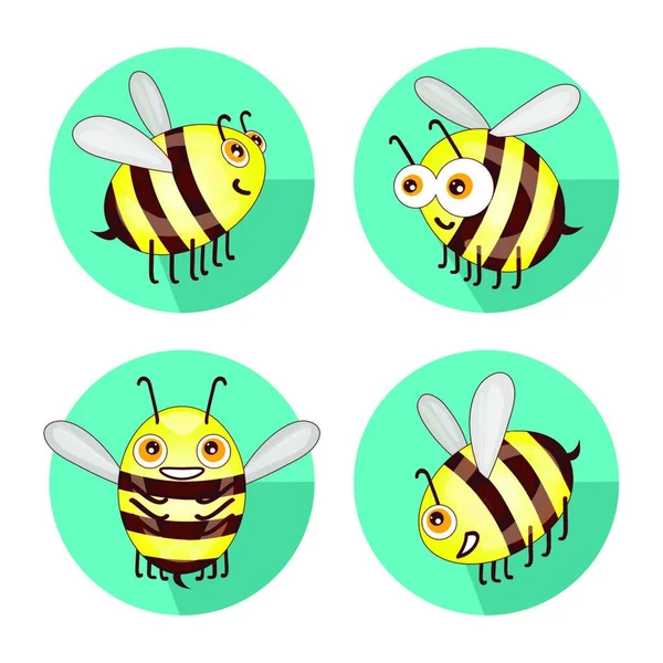 Cartoon Set Flat Bees Isolated White Background Vector — Stock Vector