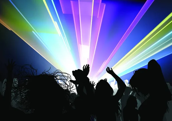Dança Multidão Disco Light Show Dança Festa Fundo Ilustração Vetor — Vetor de Stock