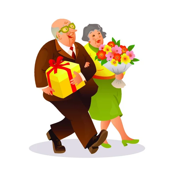 Casal Idoso Feliz Com Buquê Flores Presente Homem Mais Velho — Vetor de Stock