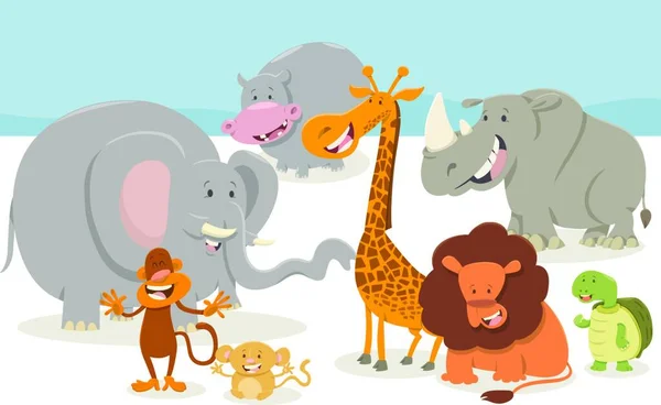 Desenhos Animados Ilustração Bonito Safari Animal Characters Group —  Vetores de Stock
