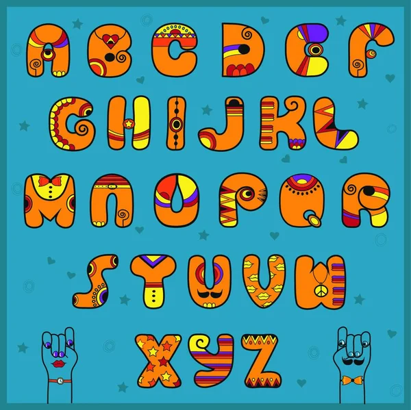 Unusual Font Alphabet Indian Style Funny Orange Letters Cartoon Hands — Stock Vector