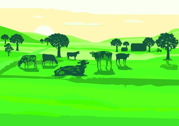 Agricultura Con Vacas Pasto Ilustración — Archivo Imágenes Vectoriales