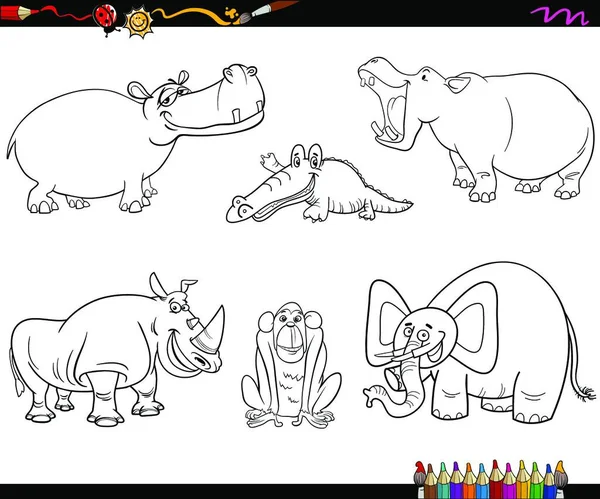 Dibujos Animados Blanco Negro Ilustración Safari Animales Personajes Set Página — Vector de stock