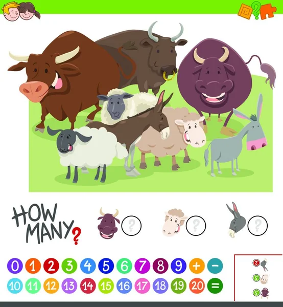 Καρτούν Εικονογράφηση Της Εκπαιδευτικής Δραστηριότητας Μαθηματικό Παιχνίδι Καταμέτρηση Χαρακτήρες Φάρμα — Διανυσματικό Αρχείο