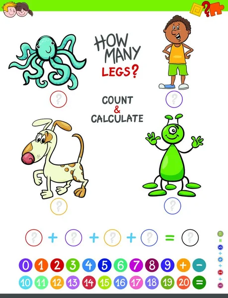 Ilustración Dibujos Animados Del Conteo Matemático Educativo Juego Adición Para — Vector de stock