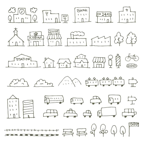 Kartenelemente Skizzieren Symbolset Haus Gebäude Geschäft Fahrzeug Und Mehr — Stockvektor