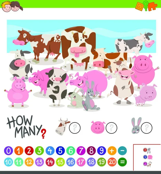Καρτούν Εικονογράφηση Εκπαιδευτικό Μαθηματικής Δραστηριότητας Της Καταμέτρησης Χαρακτήρες Ζώων Αγροκτήματος — Διανυσματικό Αρχείο