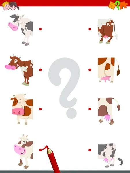 Cartoon Illustration Educational Matching Half Activity Cows Farm Animal Characters — стоковый вектор