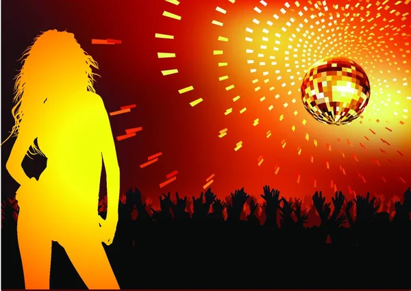 Żółta Sylwetka Kobiet Przez Tłum Pod Disco Ball Dance Party — Wektor stockowy