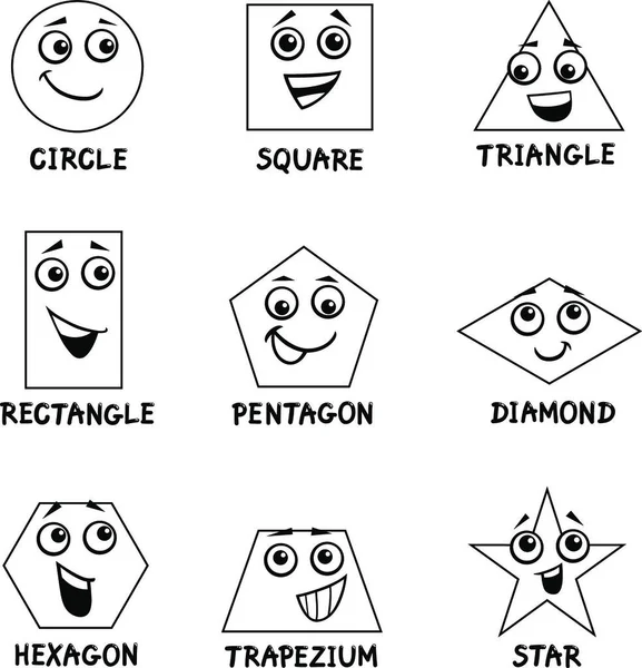 Černá Bílá Kreslené Ilustrace Základních Geometrických Tvarů Vtipné Znaky Pro — Stockový vektor