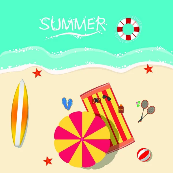 太陽が降り注ぐビーチの平面図です 夏の休暇の概念 — ストックベクタ
