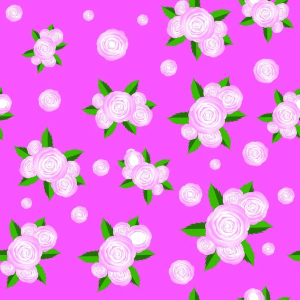 玫瑰随机无缝模式在粉红色的背景上的花束 — 图库矢量图片