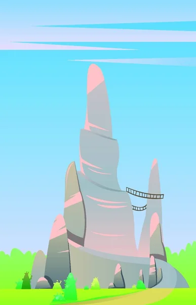 デジタル ベクトル おとぎ話やファンタジー大銀の木が緑の丘にピンクの雲 フラット スタイルと濃い青空の木製の橋と岩 — ストックベクタ