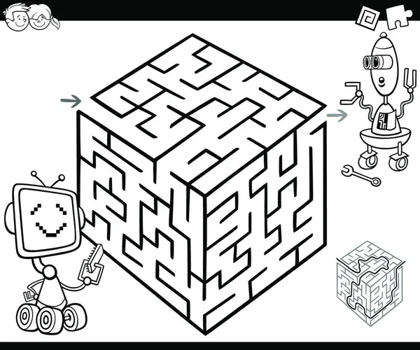 Zeichentrickillustration Des Labyrinthlabyrinthspiels Für Kinder Mit Roboterfiguren Ausmalseite — Stockvektor