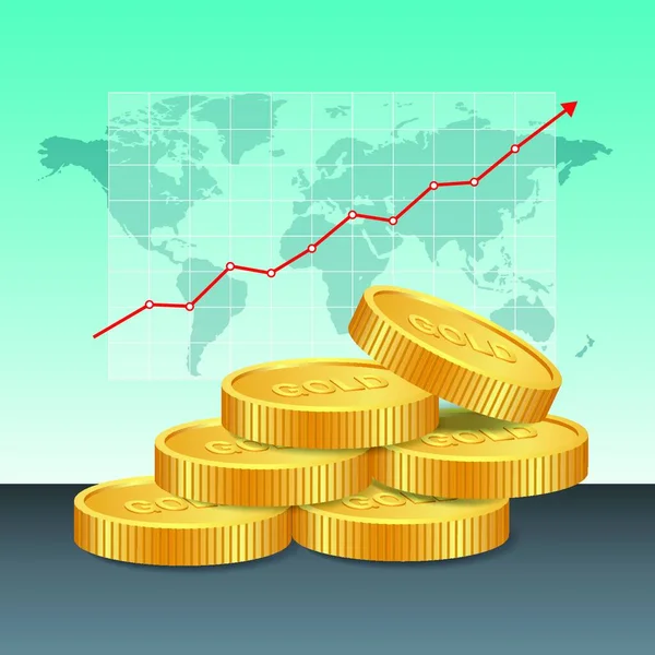 Goldpreis Konzept Goldmünzen Preis Aufwachsen Graph Und Diagramm Mit Weltkarte — Stockvektor