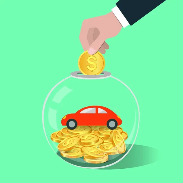Para Tasarrufu Kavramı Cam Şişe Içine Bozuk Para Koyarak Araba — Stok Vektör