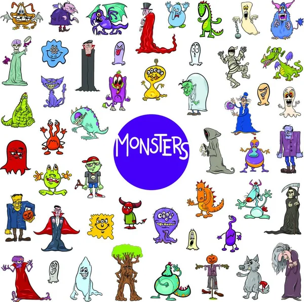 Desenhos Animados Ilustração Monstros Fantasia Personagens Enorme Set — Vetor de Stock