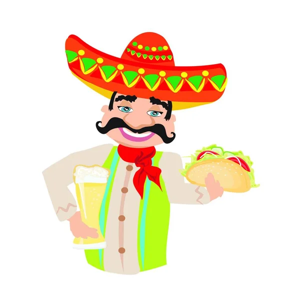 Homem Mexicano Segurando Uma Cerveja Gelada Taco — Vetor de Stock