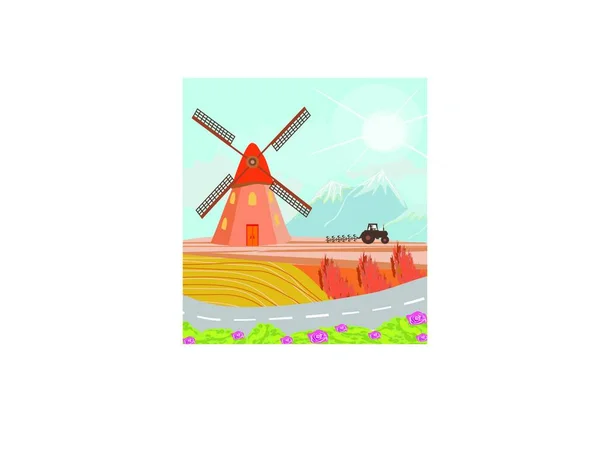 Paisaje Con Molino Viento Tractor — Vector de stock