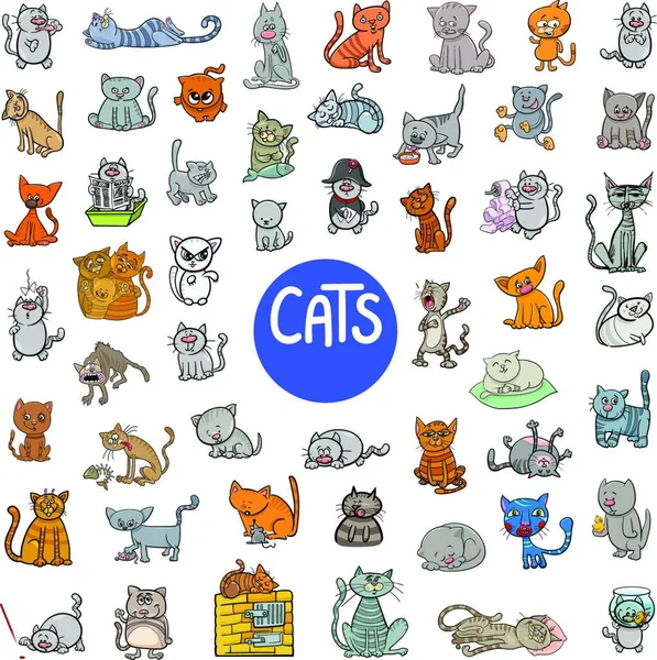 Kediler Hayvan Karakterleri Büyük Set Karikatür Çizimi — Stok Vektör