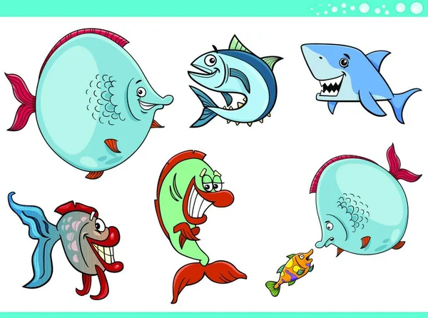 魚海ライフ動物文字セットの漫画イラスト — ストックベクタ