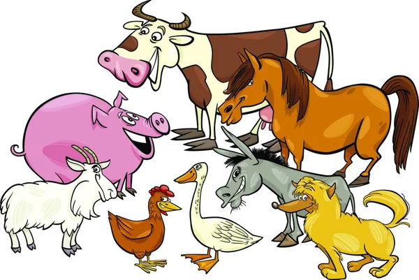 Ilustração Dos Desenhos Animados Grupo Personagens Animais Fazenda — Vetor de Stock