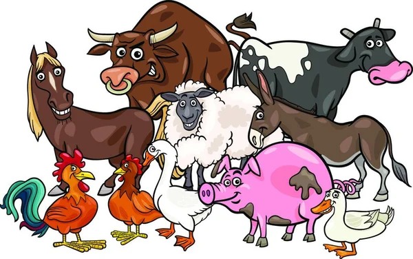 Desenhos Animados Ilustração Grupo Personagens Animais Fazenda Quadrinhos —  Vetores de Stock