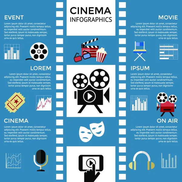 Digital Vector Rojo Azul Iconos Cine Con Dibujado Simple Línea — Vector de stock