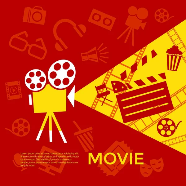Digital Vector Red Yellow Cinema Icons Drawn Simple Line Art — стоковый вектор