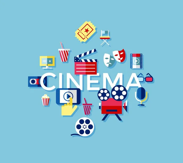 Digital Vector Blue Cinema Icons Drawn Simple Line Art Information — стоковый вектор