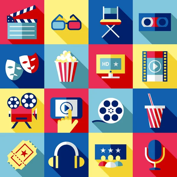 Digital Vector Red Blue Cinema Icons Drawn Simple Line Art — стоковый вектор