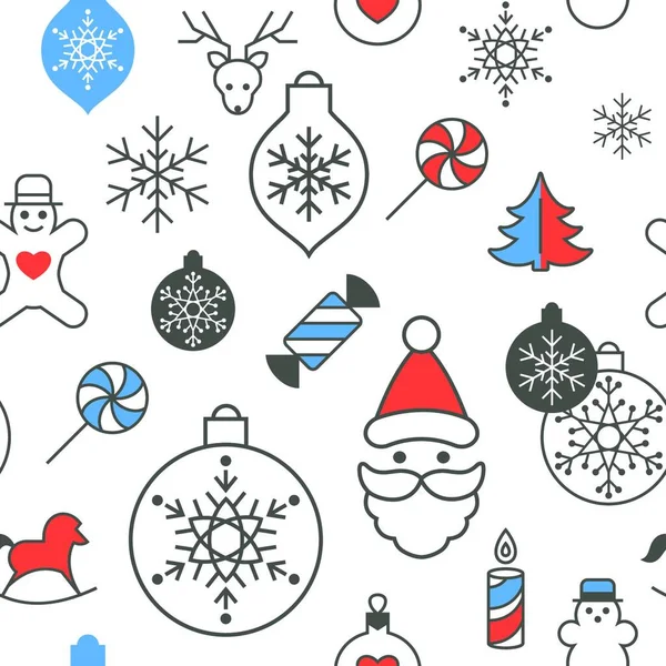 シンプルなラインアート情報グラフィック シームレスなパターン おもちゃやギフトの要素とプレゼンテーションを描いたデジタルベクトル赤青幸せな新年陽気なクリスマスのアイコンプロモーションテンプレート フラットスタイル — ストックベクタ