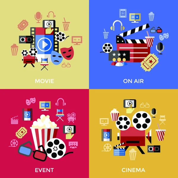 Digital Vector Red Blue Cinema Icons Drawn Simple Line Art — Stock Vector