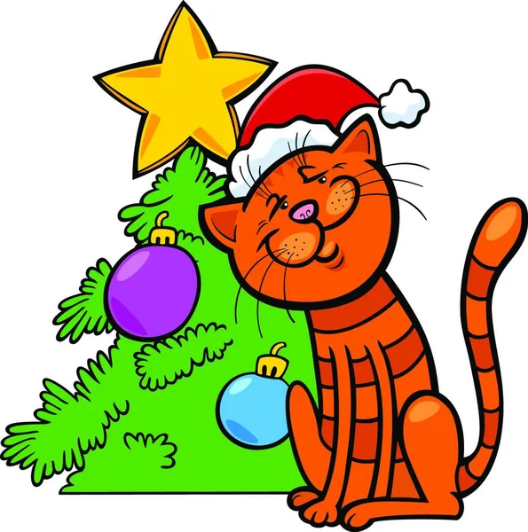 Ilustración Dibujos Animados Del Personaje Animal Gato Con Árbol Navidad — Vector de stock