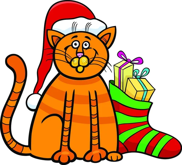 Dibujos Animados Ilustración Gato Gatito Animal Personaje Calcetín Navidad Con — Vector de stock