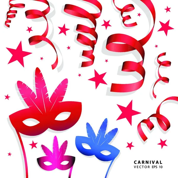 Digitaler Vektor Blau Rot Gelb Karnevalsmasken Mit Gezeichneter Einfacher Linienart — Stockvektor