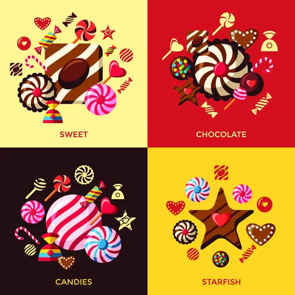 Digital Vector Rojo Marrón Dulces Caramelos Iconos Con Dibujado Simple — Vector de stock