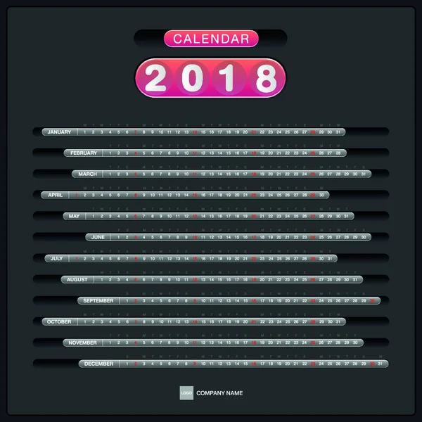 Calendario 2018 Scrivania Calendario Modello Design Moderno Settimana Inizia Domenica — Vettoriale Stock