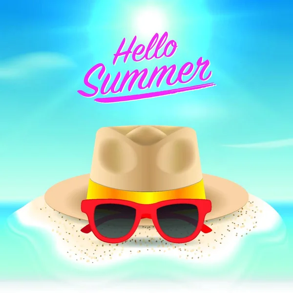 Hallo Sommer Hintergrund Strand Insel Hintergrund Mit Sonnenbrille Und Strohhut — Stockvektor