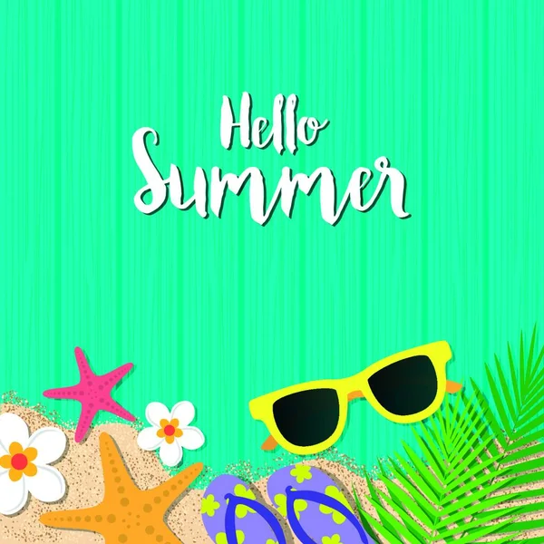 你好夏天假日背景 顶视图带着太阳眼镜 花和叶在蓝色木背景 季节的假期 矢量图 — 图库矢量图片