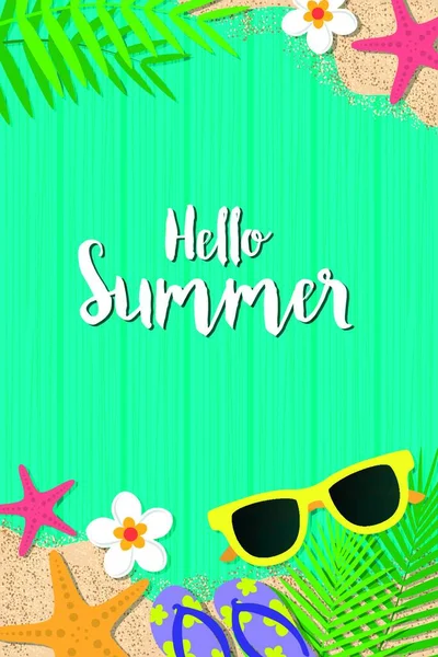 Hallo Sommerurlaub Hintergrund Draufsicht Mit Sonnenbrille Seestern Flip Flop Blume — Stockvektor