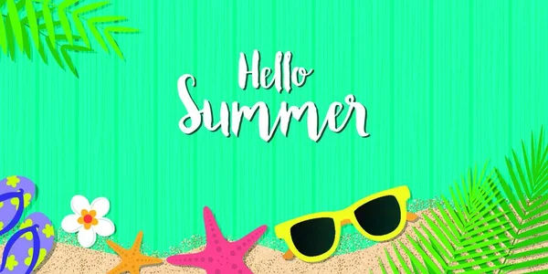 こんにちは夏の休日の背景 サングラス ヒトデと平面図 フリップフ ロップ 花と青い木製の背景の葉します シーズン休暇 ベクトル図 — ストックベクタ
