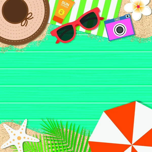 夏の休日の背景 青い木製の背景に帽子 サングラス 日焼け止め ヒトデ カメラ 花と葉の平面図です シーズン休暇 ベクトル図 — ストックベクタ