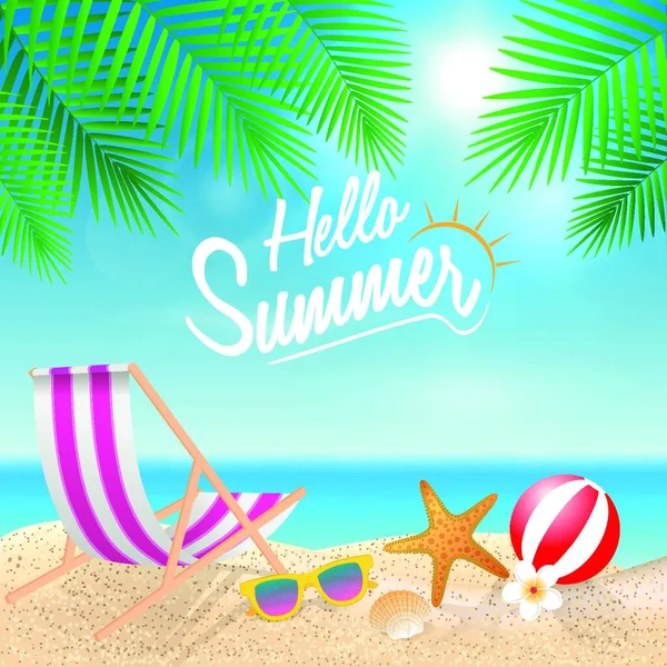 Hallo Sommerurlaub Hintergrund Strandkorb Sonnenbrille Seestern Muschel Blume Und Strandball — Stockvektor